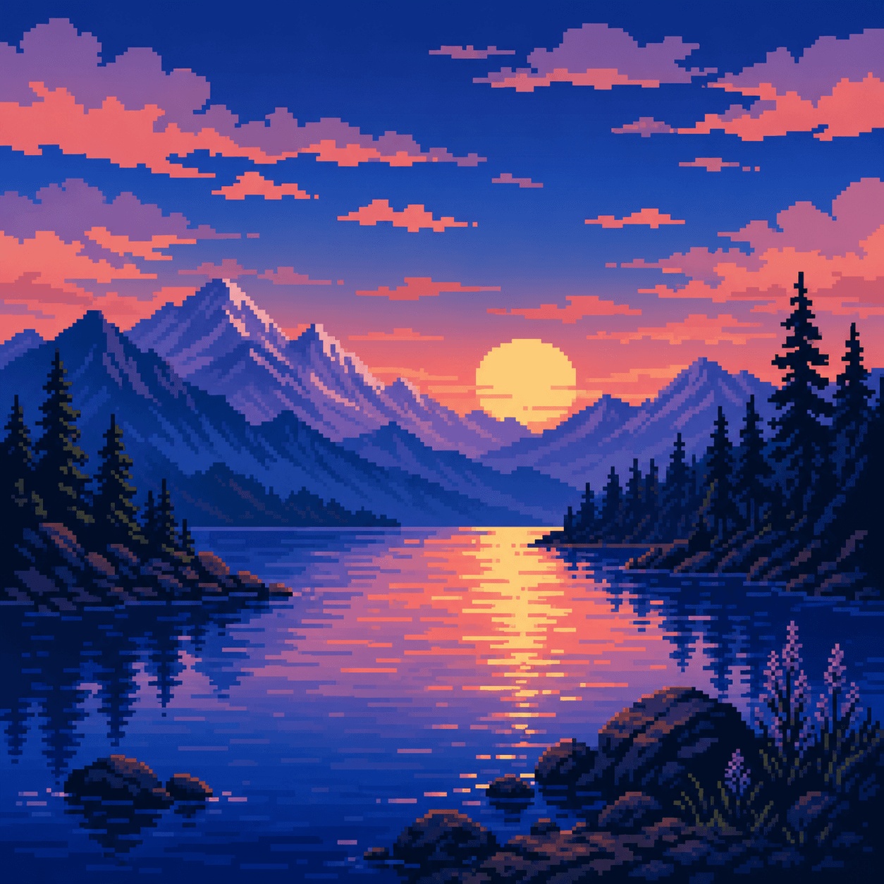 A retro pixel-art sunset over mountains and a lake